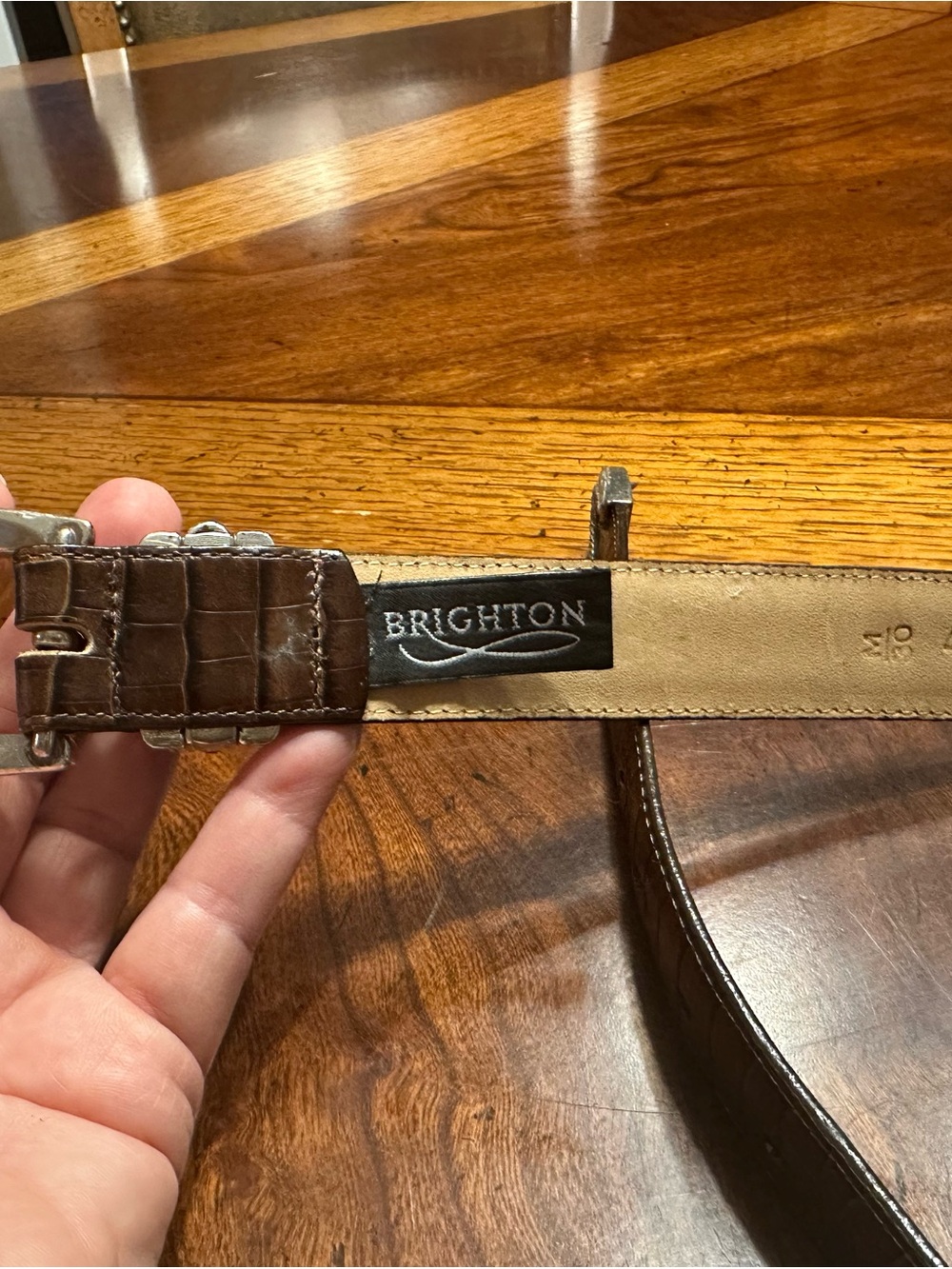 Brighton Brown Croc-Embossed Leather Belt with Decorative Silver-Gold Buckle - Picture 5 of 7
